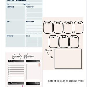 Puede incluir: Imagen de varias plantillas de planificador con el texto "Elige entre varias plantillas de planificador" y "¡Muchos colores para elegir!". Las plantillas incluyen diseños diarios, semanales y de listas de tareas.