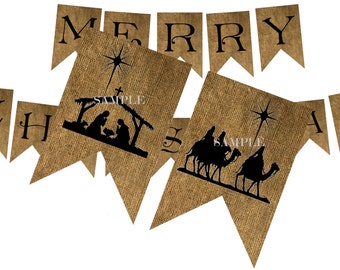 Digital Download Christmas Burlap Bunting Flags Banner Merry Christmas Manger Camel Jesus DIY