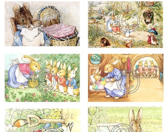 Vintage Beatrix Potter Fabric Blocks 100% cotton 8 Total Fabric Images Peter Rabbit Storybook 4" by 2 1/2" each