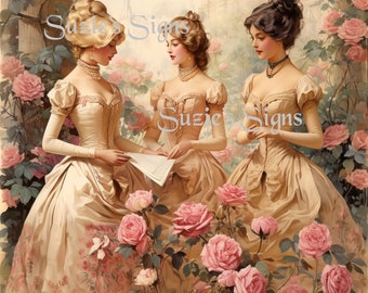 May include: A vintage-style illustration shows three women in period gowns surrounded by pink roses. The women wear light-coloured dresses with puffed sleeves. The artwork has a soft, romantic feel, with a backdrop of a building.