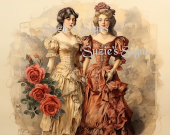 May include: An illustration of two women in vintage dresses. One woman wears a gold dress and holds a bouquet of red roses. The other woman wears a rust-coloured dress. The image has the text "Suzie's Signs" in the centre.