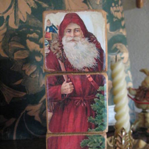 Victorian Christmas Wooden Shelf Puzzle Blocks Old World Santa Claus Vintage Children Sleigh Riding