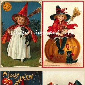 4 Vintage Halloween Witches Fabric Blocks Black Cat Pumpkin Cauldron FREE SHIPPING to U.S.