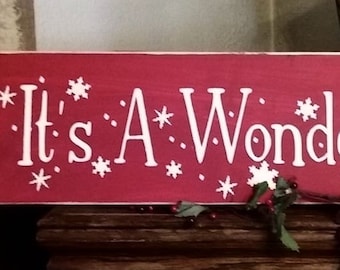 Primitive Christmas Sign It's A Wonderful Life Snowflakes Santa Red Winter Sign FREE SHIPPING TO U.S.