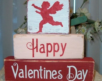 Primitive Shelf Blocks Happy Valentine's Day Decor Wooden Blocks Cupid Shabby