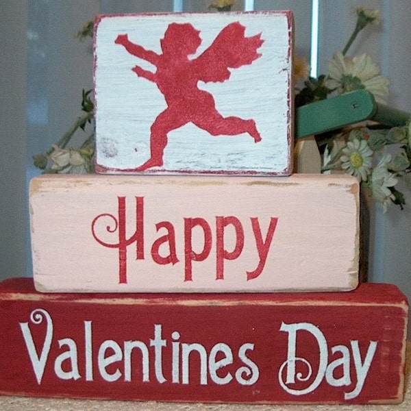 Primitive Shelf Blocks Happy Valentine's Day Decor Wooden Blocks Cupid Shabby