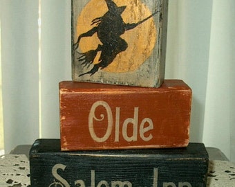 Primitive Halloween Wooden Sign Shelf Blocks Distressed Shabby Folk Art Olde Salem Inn Flying Witch Moon