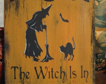 Primitive Halloween Sign The Witch Is In Black Cat Witch with Broom Bat FREE Shipping to U.S.