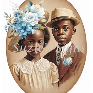 May include: An oval portrait featuring two children in vintage attire. The girl wears a cream-colored dress and a hat adorned with blue flowers. The boy wears a brown suit and a straw hat. The text "Suzie's Signs" is visible.