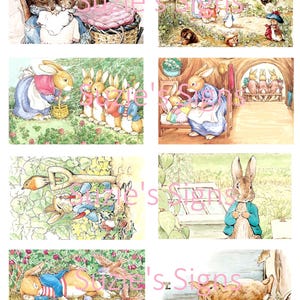 May include: A collection of watercolor illustrations featuring scenes from a children's story. The images depict anthropomorphic animals, including rabbits and mice, in various settings. The color palette is soft, with pastel hues and detailed backgrounds.