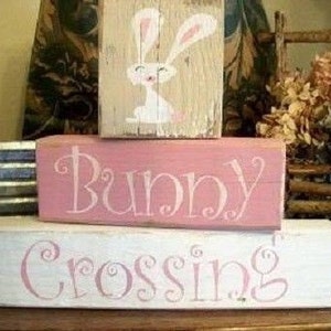 Primitive Easter Shelf Blocks Decor Wooden Blocks Bunny Crossing Stackables FREE Shipping to U.S.