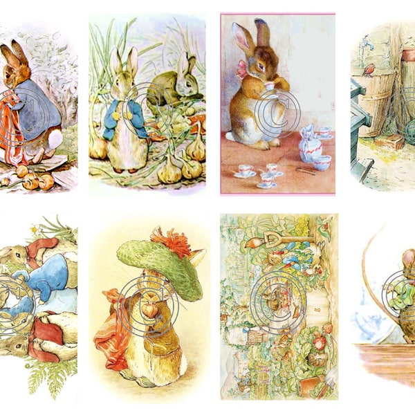 Vintage Beatrix Potter Fabric Blocks 100% cotton 8 Total Fabric Images Peter Rabbit Storybook 4" by 2 1/2" each