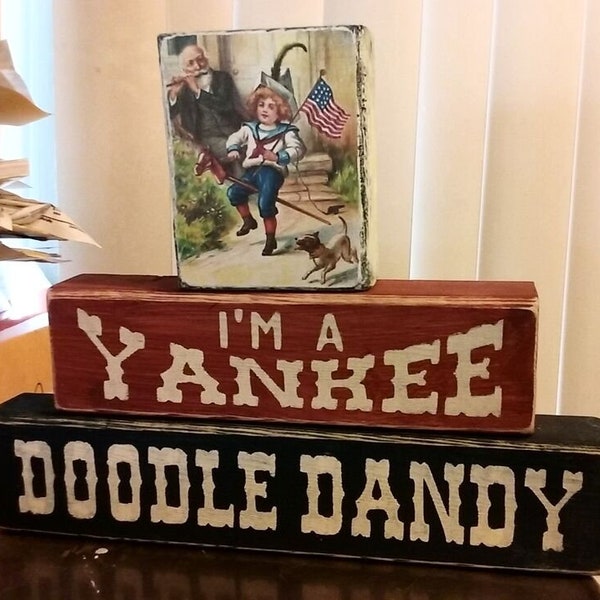 Primitive Shelf Blocks Happy 4th of July I'm a Yankee Doodle Dandy Patriotic Red White Blue Americana Set of 3 Free Shipping to the U.S.