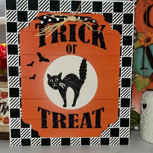 Primitive Halloween Sign TRICK OR TREAT Country Folk Art Orange/Black Cat Buffalo Checks Free Shipping to the U.S.