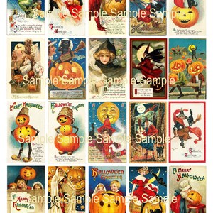 Puede incluir: Un collage de postales vintage de Halloween con imágenes de calabazas, brujas, gatos y otras imágenes de Halloween. Las postales tienen una variedad de colores y diseños, incluyendo rojo, verde, azul y amarillo. El texto en las postales incluye saludos como "Feliz Halloween" y "Saludos de Halloween".