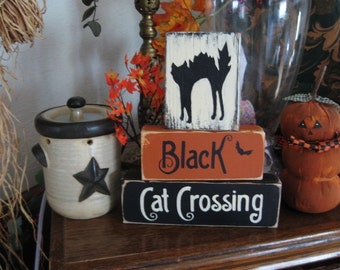 Primitive Halloween Wooden Sign Blocks Distressed Shabby Happy Halloween Witch