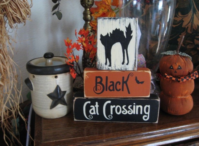 Primitive Halloween Wooden Sign Blocks Distressed Shabby Black Etsy