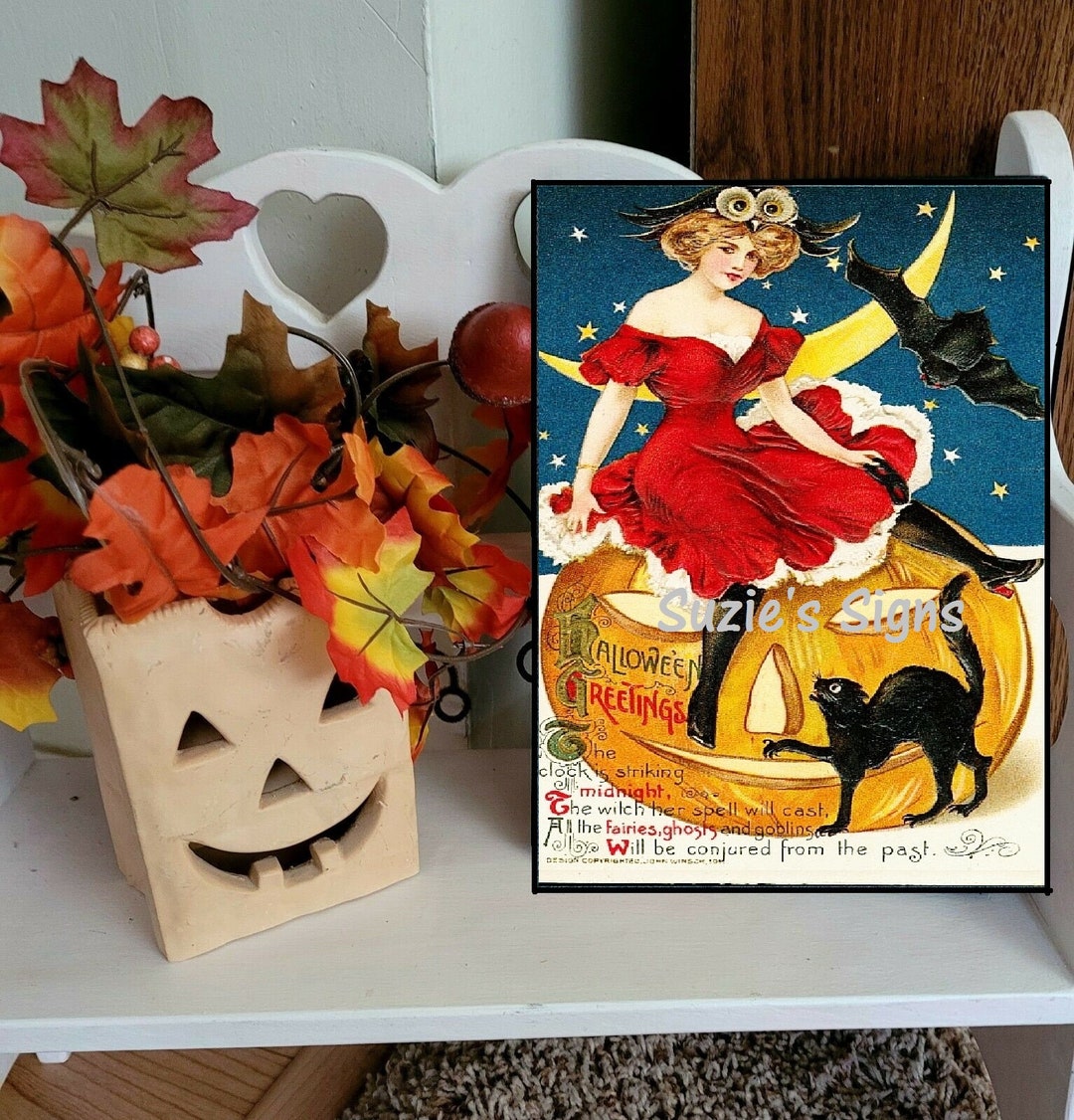 Vintage Halloween Sign Jack O'lantern Pumpkin Black Cat Pretty Witch ...