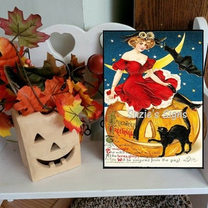 Vintage Halloween Sign Jack O'Lantern Pumpkin Black Cat Pretty Witch Halloween Greetings
