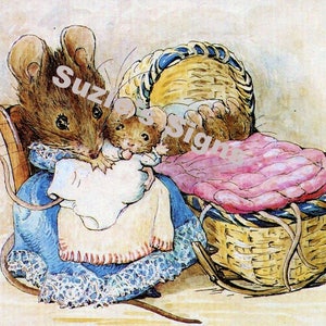 May include: A brown mouse wearing a blue dress and a white apron is holding a white blanket and looking at a baby mouse in a wicker cradle. The cradle has a pink blanket and a blue and white striped border.