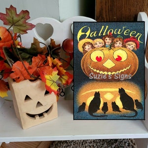 Vintage Halloween Sign Jack O'Lantern Pumpkin Black Cats Trick or Treaters Kids