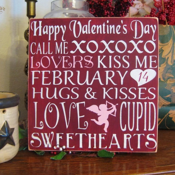 Primitive Happy Valentine's Day Sign Cupid Heart Typography Subway Art Sign