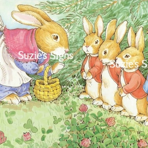 May include: A brown rabbit wearing a pink and white dress and a red scarf holds a basket and looks at four other brown rabbits. The rabbits are standing in a field of green clover with pink flowers.