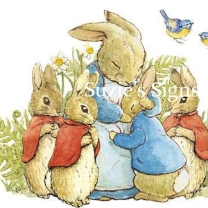 Vintage Beatrix Potter Fabric Block Image 100% cotton 8.5&quot; by 5.5&quot; Peter Rabbit Mama and Babies