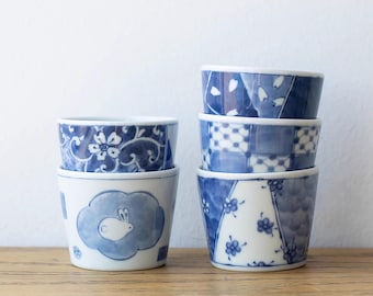 Minoyaki ceramic Choko cup with traditional blue pattern