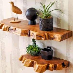 Teak Live Edge Shelf: Floating Wood Shelves with Hidden Brackets