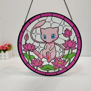 Mew Handcrafted Pokemon Stained Glass Suncatcher,  Pokemon Window Art, Perfect Gift for Collectors, Pokemon Gift Idea For Gamer