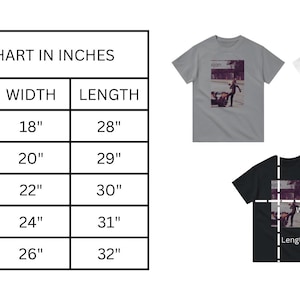 May include: Size chart for a t-shirt in inches. The chart shows the width and length of the shirt in inches for sizes S, M, L, XL, and 2XL.
