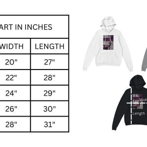 K&ouml;nnte beinhalten: Gr&ouml;&szlig;entabelle f&uuml;r einen Hoodie in Zoll. Die Tabelle zeigt die Breite und L&auml;nge des Hoodies in Zoll f&uuml;r die Gr&ouml;&szlig;en S, M, L, XL und 2XL.
