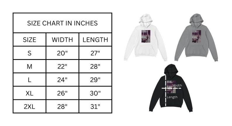 K&ouml;nnte beinhalten: Gr&ouml;&szlig;entabelle f&uuml;r einen Hoodie in Zoll. Die Tabelle zeigt die Breite und L&auml;nge des Hoodies in Zoll f&uuml;r die Gr&ouml;&szlig;en S, M, L, XL und 2XL.
