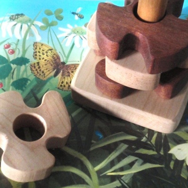 Wooden Pinwheels - Wood Toy Stacker / Teether - Modern Folk Flowers - / baby/toddler gift