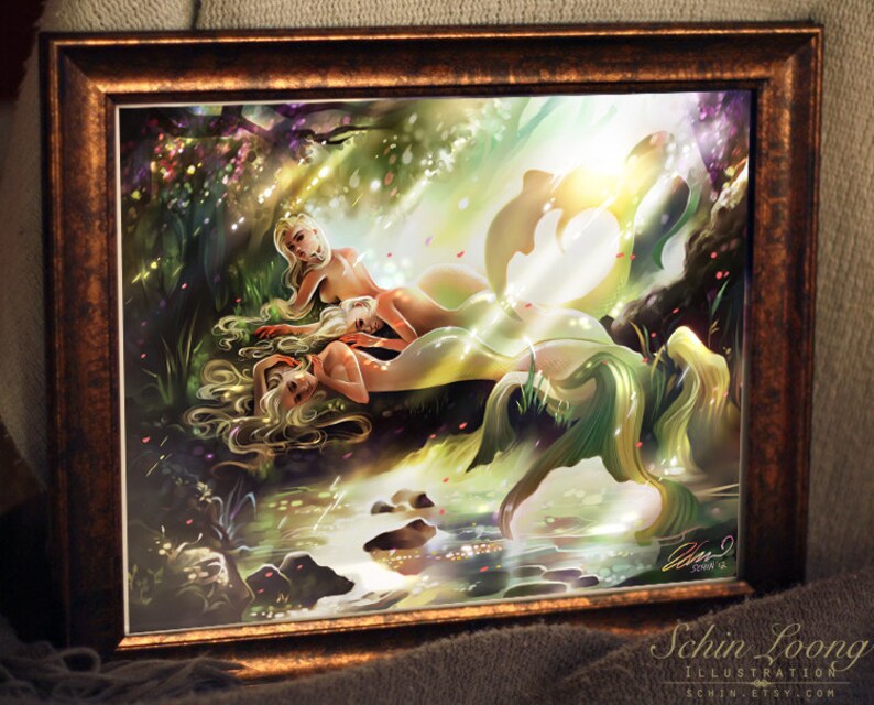 Fireflies. mermaid ariel lake swim water fantasy art print