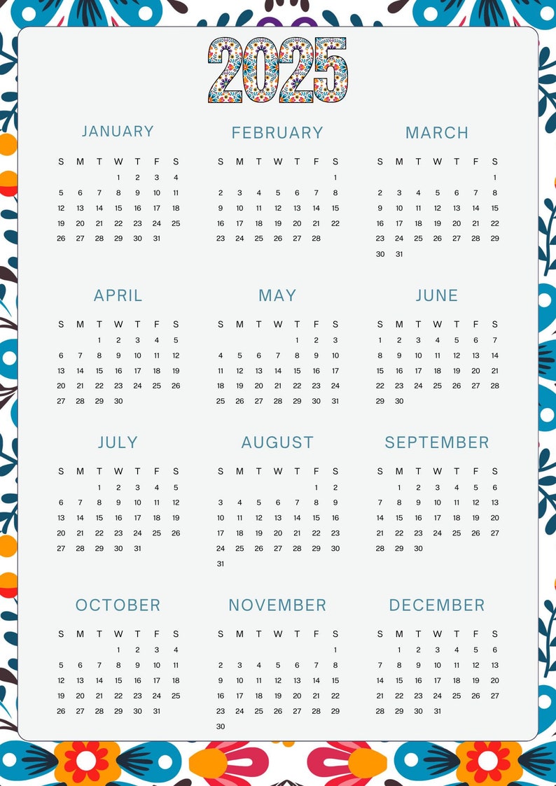 2025 Digital Download 12month Printable Calendar, Year at a Glance, Onepage Modern Wall