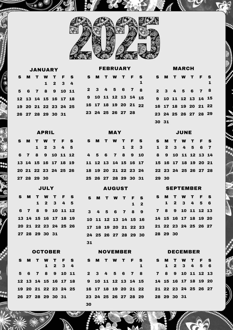 2025 Digital Download 12month Printable Calendar, Year at a Glance, Onepage Modern Wall