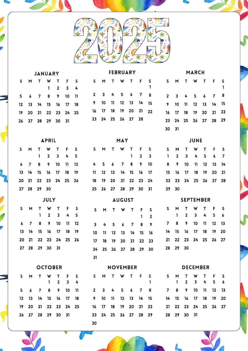 2025 Digital Download 12month Printable Calendar, Year at a Glance, Onepage Modern Wall