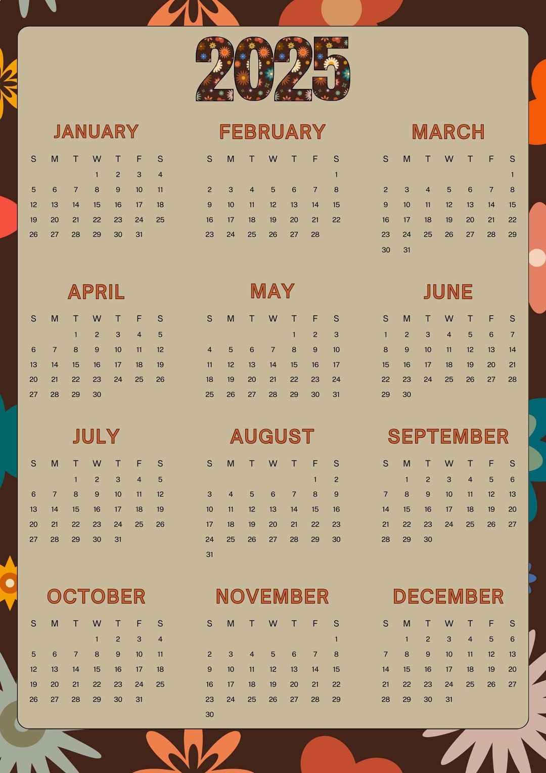2025 Digital Download 12month Printable Calendar, Year at a Glance