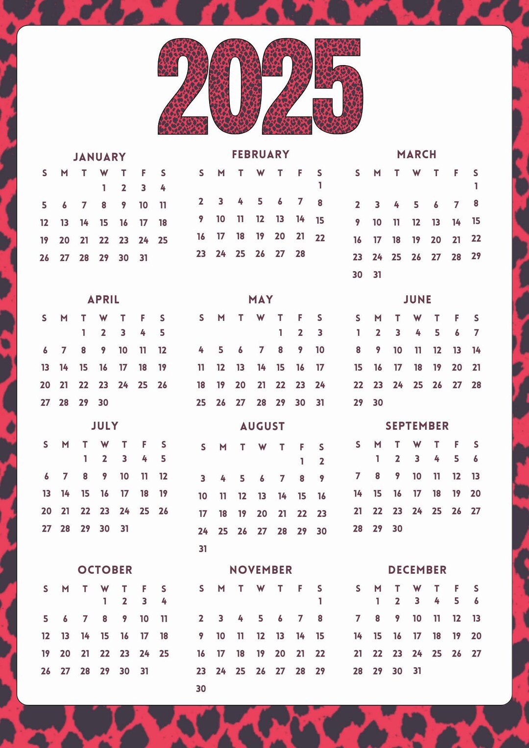 2025 Digital Download 12month Printable Calendar, Year at a Glance