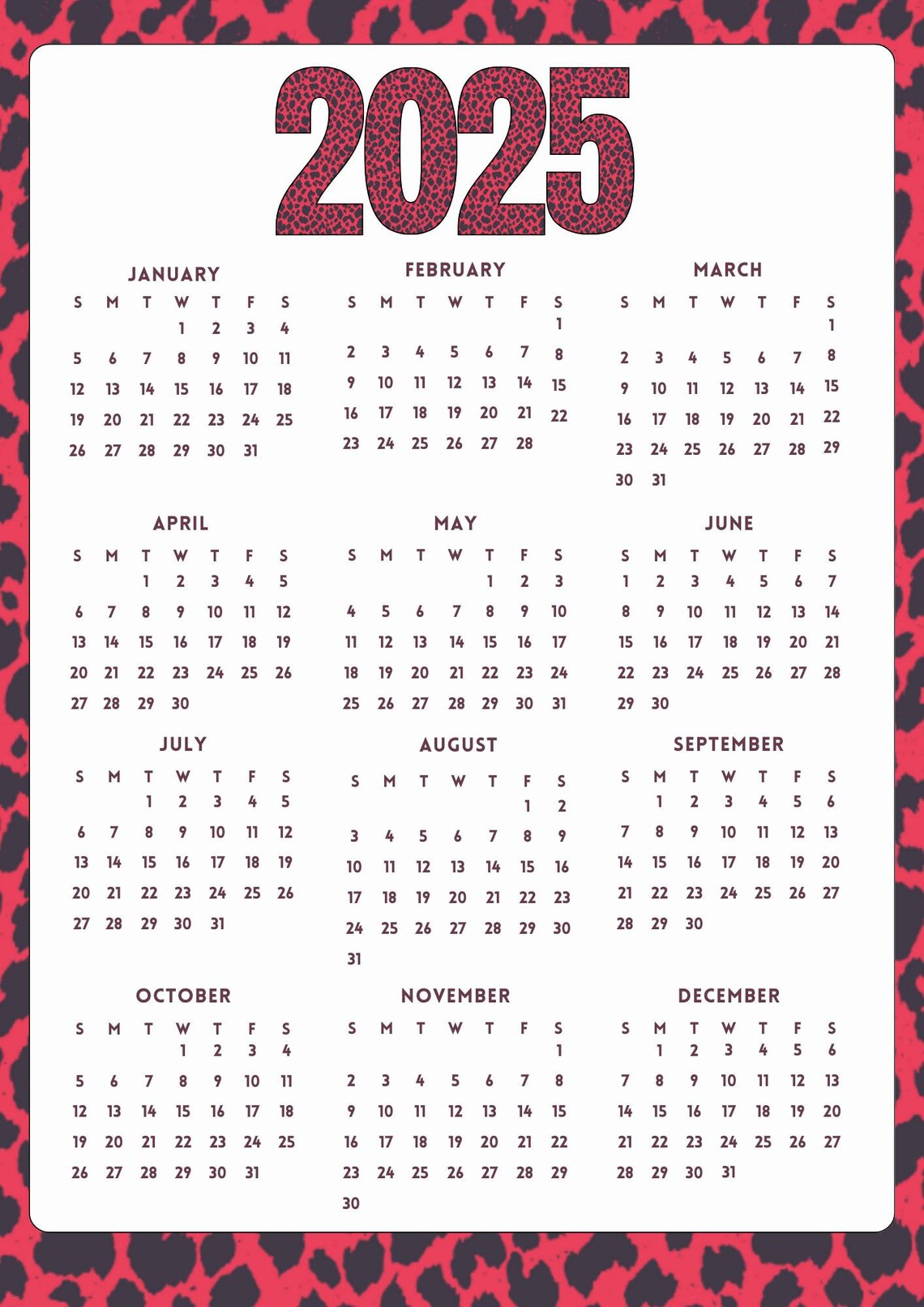 2025 Digital Download 12month Printable Calendar, Year at a Glance