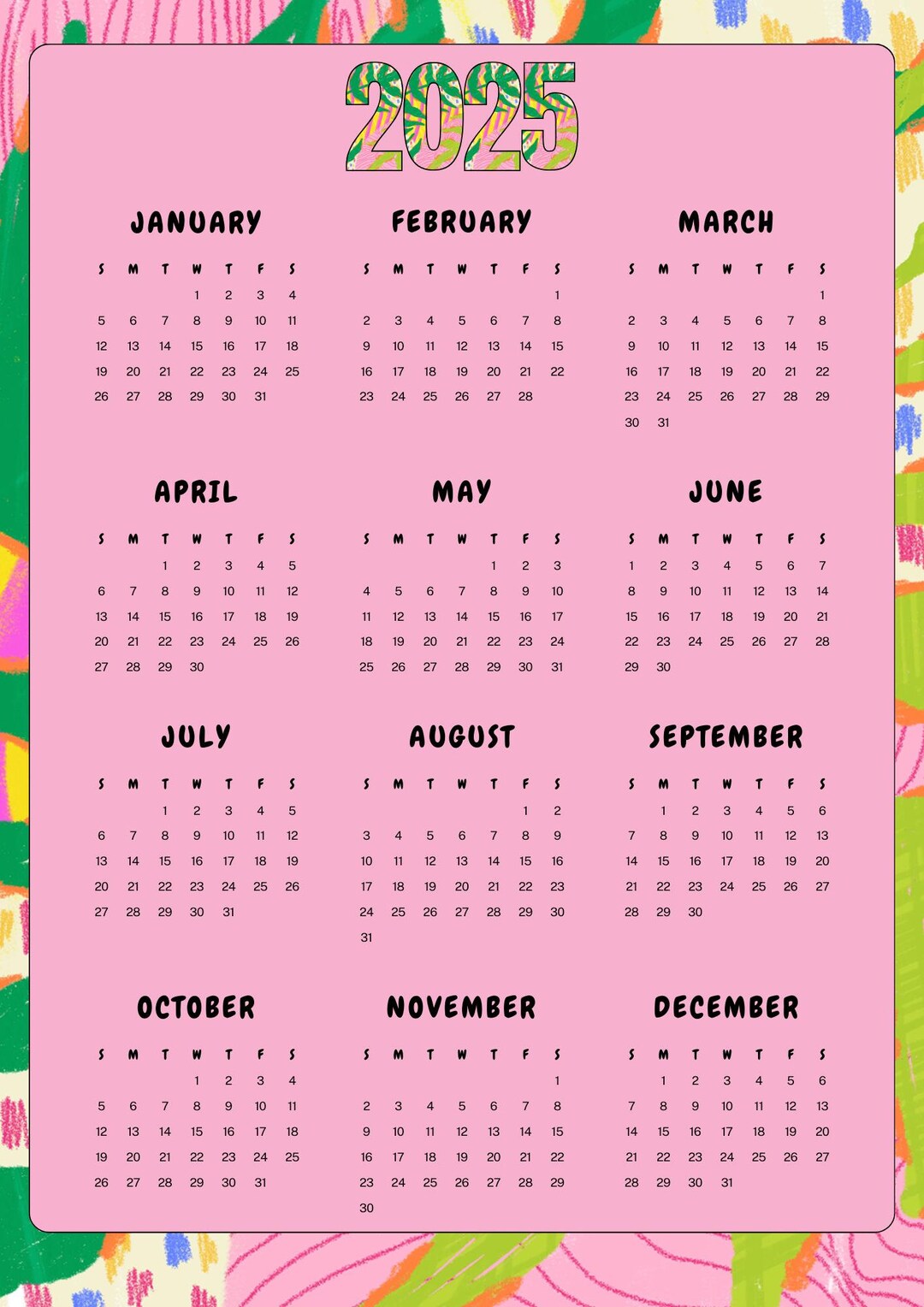 2025 Digital Download 12month Printable Calendar, Year at a Glance, Onepage Modern Wall