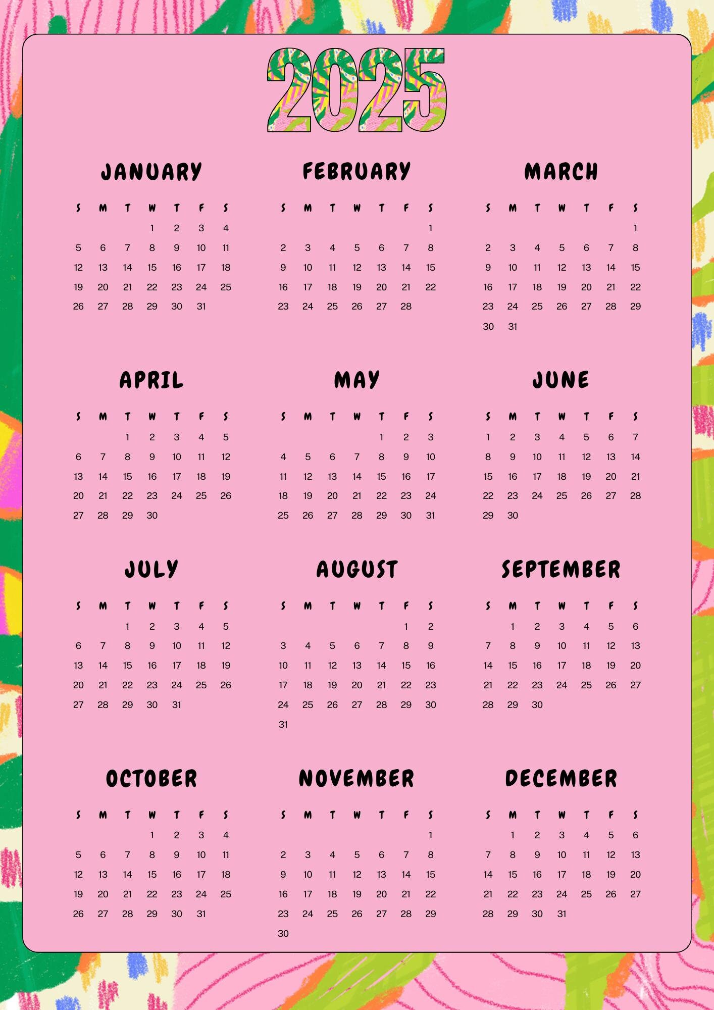 2025 Digital Download 12month Printable Calendar, Year at a Glance, Onepage Modern Wall