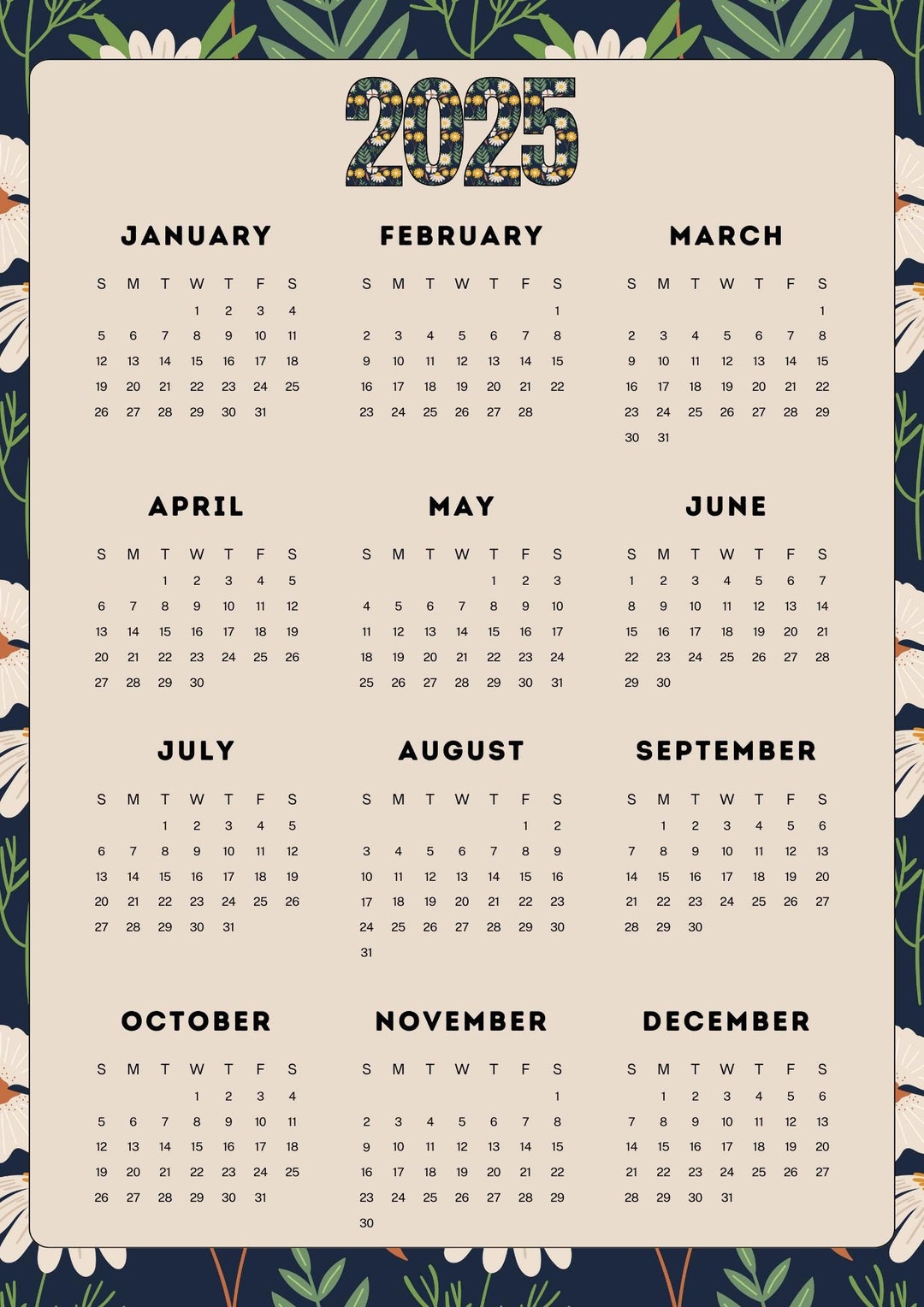 2025 Digital Download: 12-month Printable Calendar, Year at a Glance ...