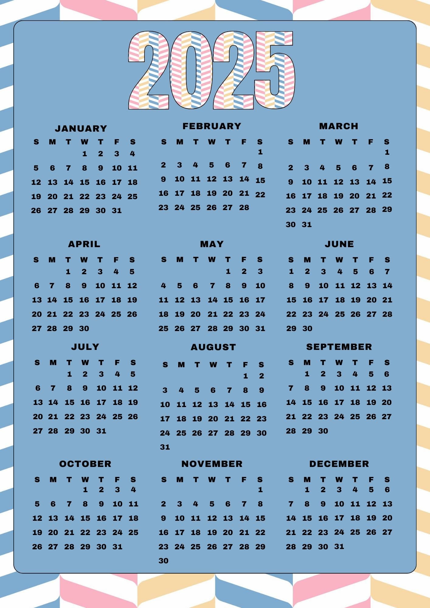 2025 Digital Download: 12-month Printable Calendar, Year at a Glance ...