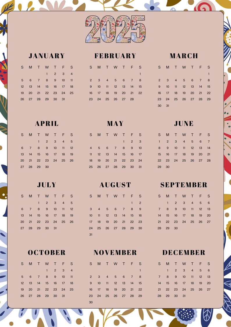 2025 Digital Download 12month Printable Calendar, Year at a Glance, Onepage Modern Wall