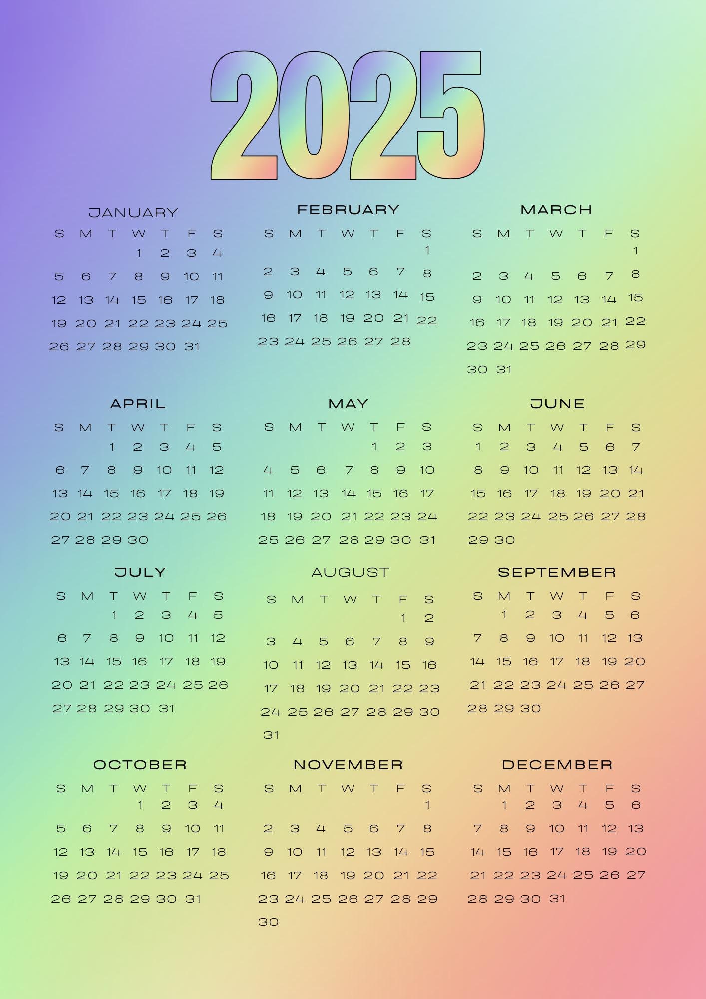 2025 Digital Download 12month Printable Calendar, Year at a Glance, Onepage Modern Wall