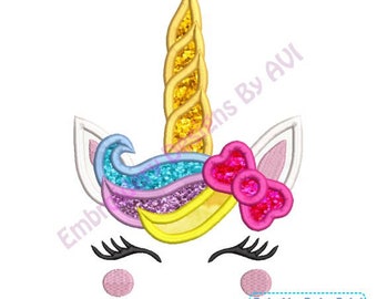 Unicorn Face Head with Bow Applique Machine Embroidery Designs - 4x4 and 5x7 - Instant Download Sale