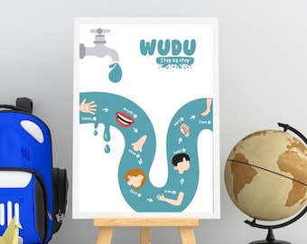 Wudugids - gebedswassing - stap voor stap - islamitische educatieve poster - thuisonderwijs - sarah - wudhu-grafiek - islamitische muurkunst